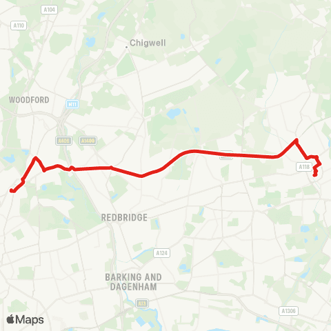 TfL Romford Sta - Romford Market - N St - Eastern Av - Newbury Pk - Gants Hill - Redbridge - Wanstead - Leytonstone map