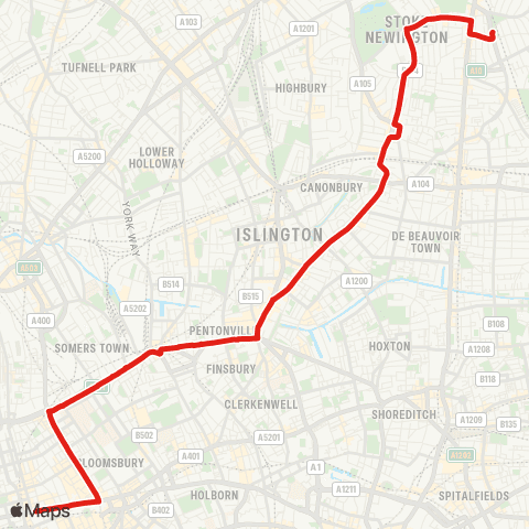 TfL Oxford Circus - Tottenham Court Rd - King's Cross - Islington - Stoke Newington map