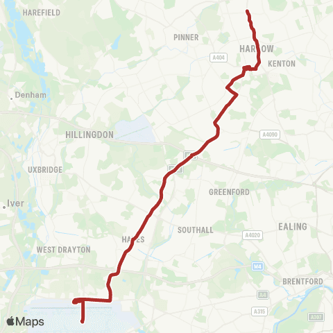 TfL Heathrow Central - Hayes - Harrow - Wealdstone - Harrow Weald, Bus Garage map