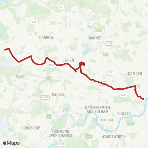 TfL Ruislip - S Ruislip - Northolt Pk - Sudbury - Wembley - Harlesden - Westbourne Pk - Baker St Sta - Trafalgar Square map