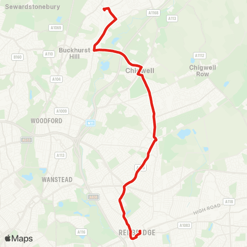 TfL Ilford - Gants Hill - Chigwell - Buckhurst Hill - Loughton map