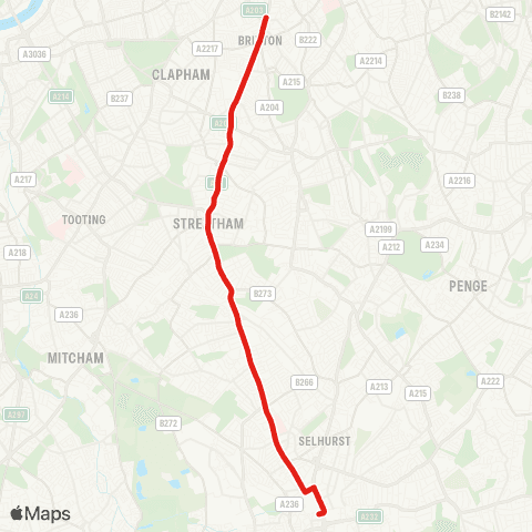 TfL Croydon, Town Ctr - Broad Green - Thornton Heath Pond - Streatham - Brixton map