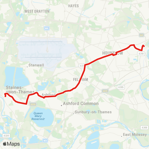 TfL W Middlesex Hosp - Hounslow - Feltham - Ashford - Staines map