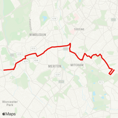 TfL Pollards Hill - Mitcham - Colliers Wood - Raynes Pk - New Malden map