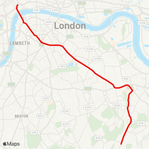 TfL Brockley Rise - New Cross - Elephant & Castle - Waterloo - Aldwych map
