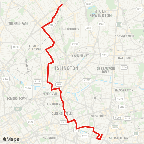 TfL Finsbury Pk Sta - Nags Head - Islington Angel - Barbican - Liverpool St map