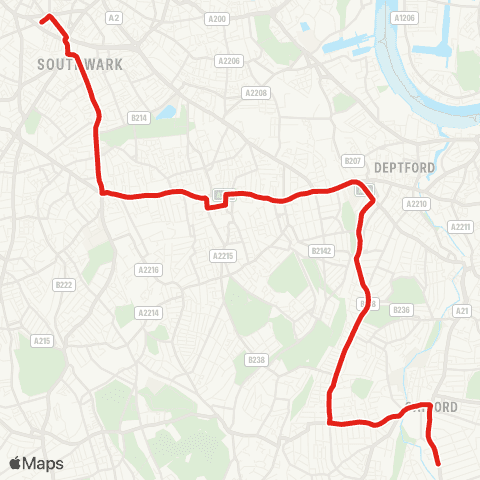 TfL Bellingham, Catford Bus Garage - Brockley - New Cross - Peckham - Elephant & Castle map