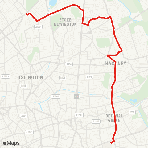 TfL Finsbury Pk - Stoke Newington - Hackney - Bethnal Green - Whitechapel map