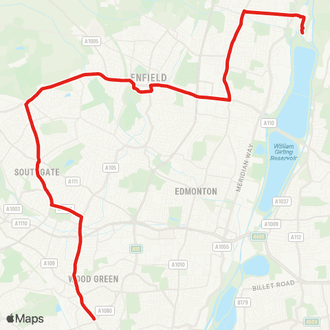 TfL Enfield Island Village - Southbury - Enfield - Palmers Green - Turnpike Ln Sta map