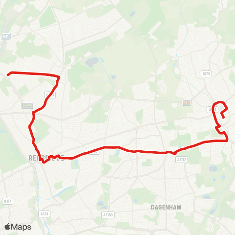 TfL Claybury Bway - Barkingside - Ilford - Becontree Heath - Romford, Queens Hosp, Market and Sta map