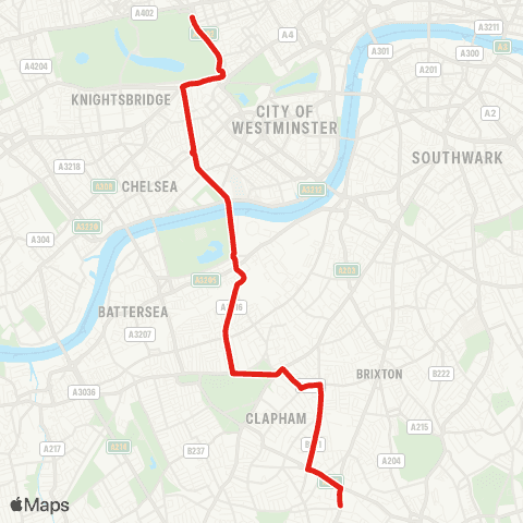 TfL Streatham Hill, Telford Av - Clapham Common - Chelsea Bridge - Knightsbridge - Marble Arch map
