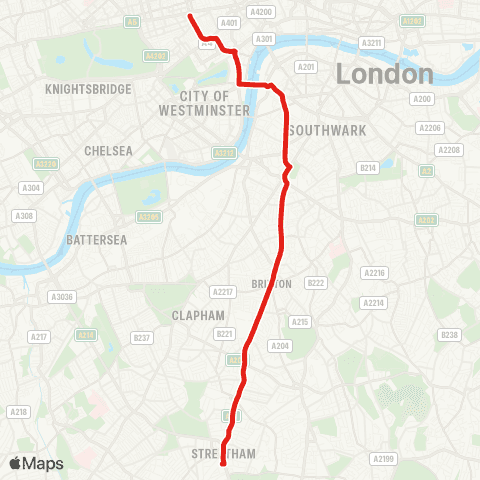 TfL Streatham Sta - Brixton - Westminster - Trafalgar Square - Oxford Circus map