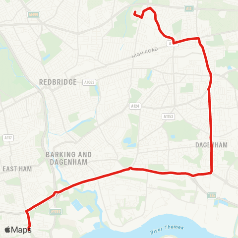 TfL Beckton, Asda - Dagenham - Becontree Heath - Chadwell Heath - King George Hosp map