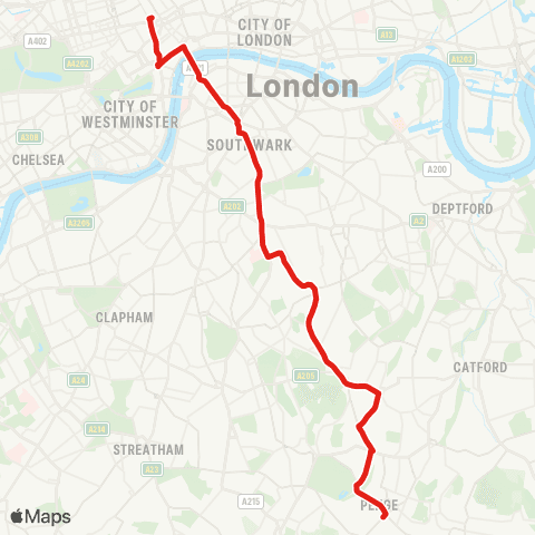 TfL Penge - Dulwich - Elephant & Castle - Waterloo - Tottenham Court Rd map