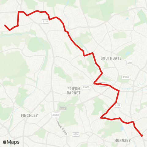 TfL Turnpike Ln Sta - Wood Green - Alexandra Palace Sta - Alexandra Pk - Bounds Green - Arnos Grove - Osidge - E Barnet - New Barnet - Barnet Church - Barnet, Chesterfield Rd map