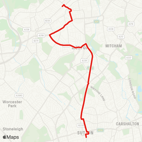 TfL Sutton Sta - St Helier - Morden - Martin Way - Wimbledon map