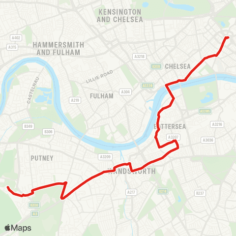 TfL Roehampton, Danebury Av - Putney Heath - Wandsworth - Clapham Jct - Victoria map