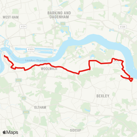 TfL Erith, Fraser Rd - Belvedere - Thamesmead E - Abbey Wood - Plumstead - Woolwich - New Charlton - Bugsby Way - N Greenwich map
