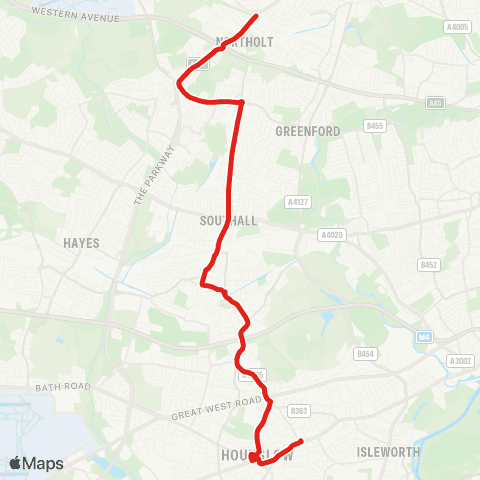 TfL Hounslow, Bus Sta - Southall - Lady Margaret Rd - Yeading White Hart - Northolt Sta map