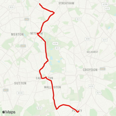 TfL Purley - Wallington - Carshalton - Mitcham - Tooting Bway map