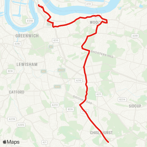 TfL Chislehurst - Eltham - Queen Elizabeth Hosp - Woolwich - N Greenwich map