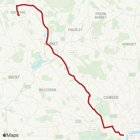 TfL Edgware Sta - Hendon Central - Finchley Rd - Baker St - Trafalgar Square map