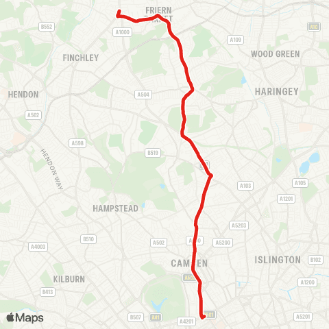 TfL N Finchley - Muswell Hill - Archway - Camden Town - Warren St map