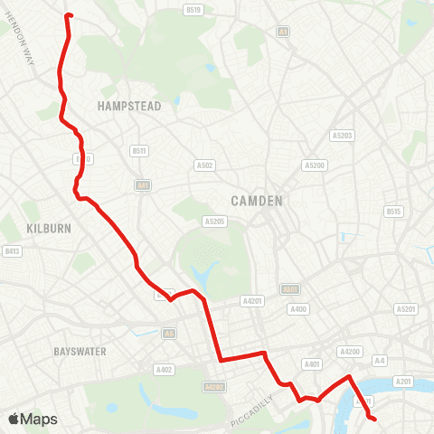 TfL Golders Green - W Hampstead - Oxford Circus - Waterloo map