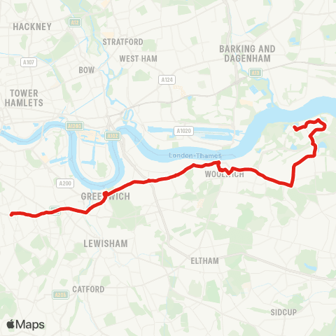 TfL Thamesmead - Woolwich - Greenwich - Deptford Bridge - Peckham map