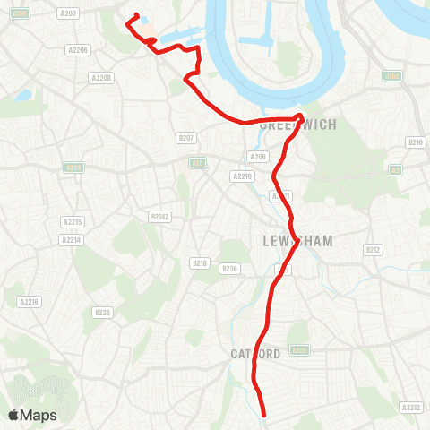 TfL Canada Water - Deptford - Greenwich - Lewisham - Bellingham, Catford Bus Garage map