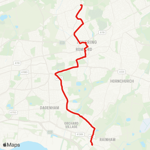 TfL Chase Cross - N St - Romford Market and Sta - Becontree Heath - Dagenham E - S Hornchurch - Rainham Interchange map