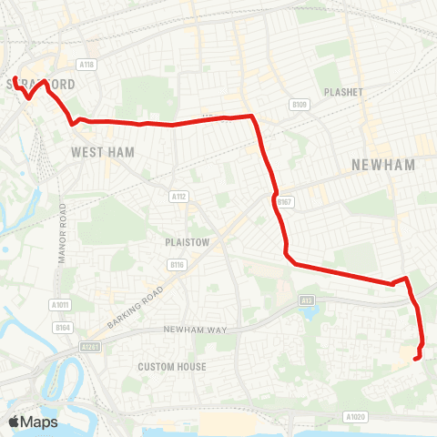 TfL Stratford - Plashet - Upton Pk - Lonsdale Av - E Ham - Beckton map