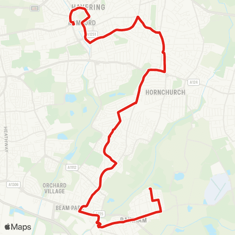 TfL Romford, The Brewery, Market and Sta - Gidea Pk - Hornchurch - Elm Pk - Rainham, Tesco and Abbey Wood Ln map