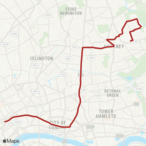 TfL Homerton Hosp - Hackney Central - Shoreditch - Liverpool St - Tottenham Court Rd map