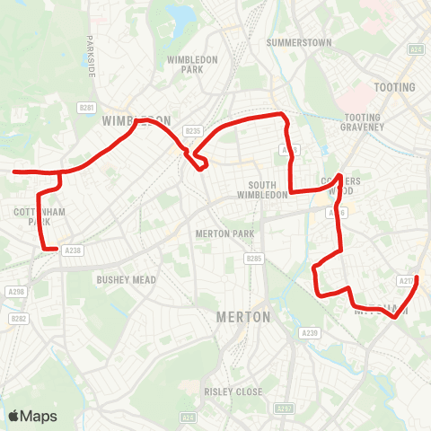 TfL Raynes Pk - Copse Hill - Wimbledon - Haydons Rd - Mitcham map