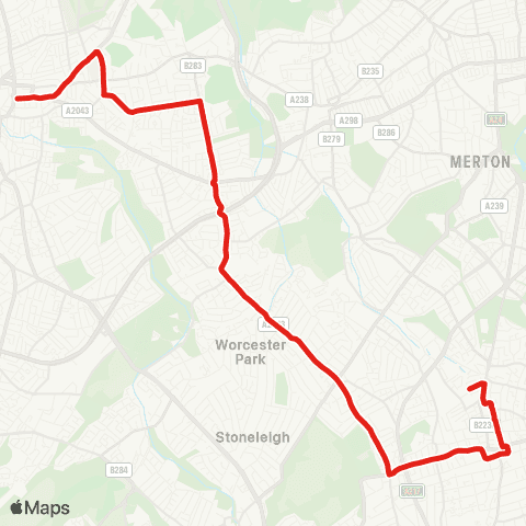 TfL Kingston - Worcester Pk - Cheam Village - Sutton Town Ctr - Sutton, Bushey Rd map