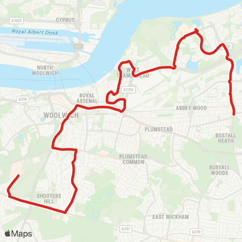 TfL Queen Elizabeth Hosp - Plumstead Common Rd - Woolwich - Broadwaters - Abbey Wood map