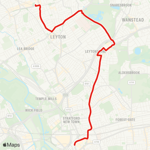 TfL Stratford - Leytonstone - Whipps Cross - Leyton, Bakers Arms - Walthamstow Central map