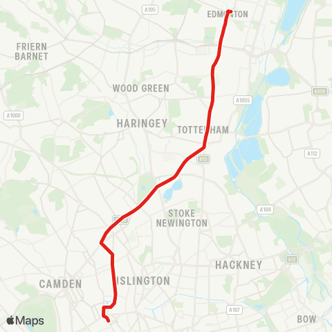 TfL Edmonton Green - Upper Edmonton - Tottenham High Rd - Seven Sisters - Manor House - Finsbury Pk - Holloway - Caledonian Rd - King's Cross map