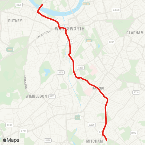 TfL Putney Bridge - Wandsworth - Earlsfield - Tooting Bway - Mitcham map