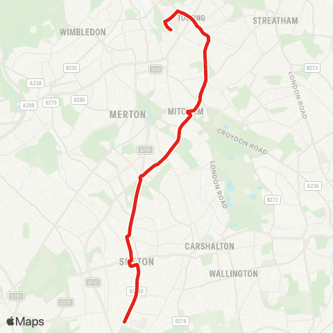 TfL Tooting, St George's Hosp - Tooting - Mitcham - Sutton - Belmont map