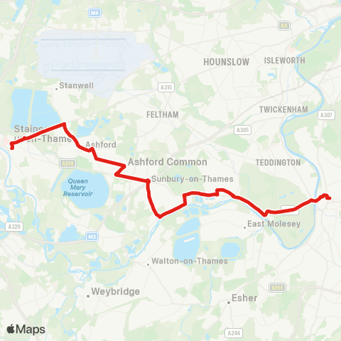 TfL Staines - Ashford - Sunbury (Tesco) - Hampton Sta - Kingston map