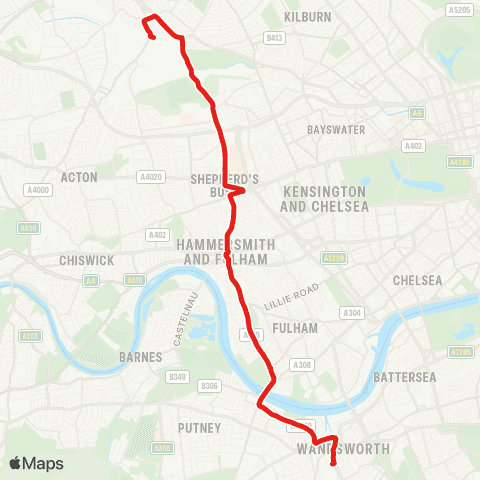 TfL Willesden Jct - White City - Shepherds Bush - Hammersmith - Wandsworth map