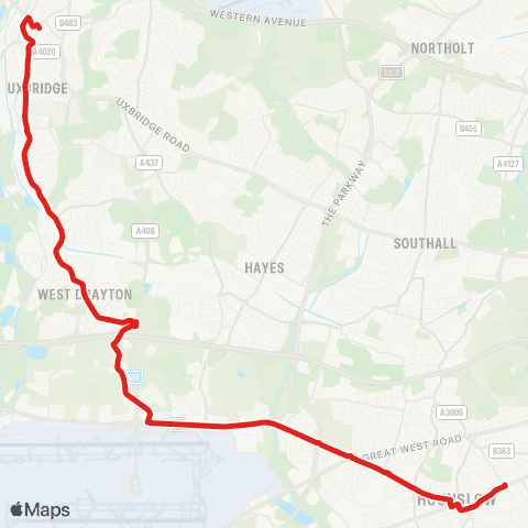 TfL Uxbridge - Cowley - W Drayton - Cranford - Hounslow map
