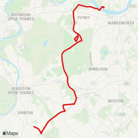TfL Putney Bridge - Putney Common - Roehampton Alton Estate - Kingston Vale - Tolworth map