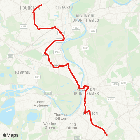 TfL Hounslow, Bus Sta - Twickenham - Teddington - Kingston - Tolworth map