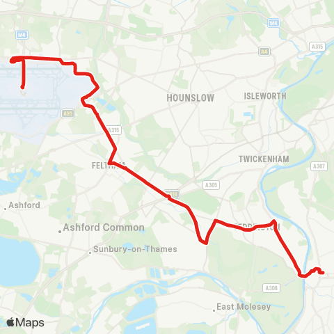 TfL Heathrow Central - Feltham - Hanworth - Hampton Hill - Kingston map