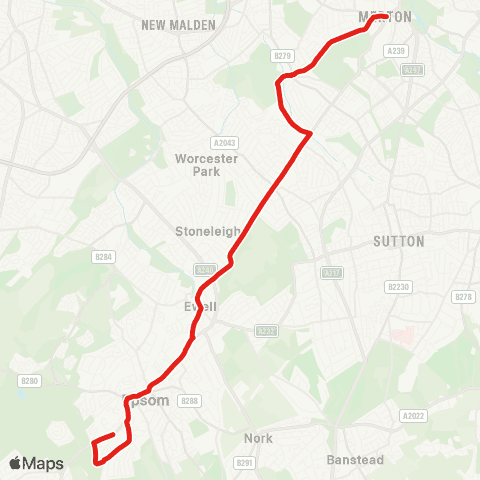 TfL Morden - Lower Morden - N Cheam - Ewell Village - Epsom Hosp map