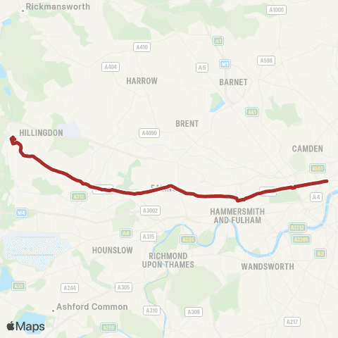 TfL Uxbridge - Hayes By-Pass - Hanwell - Ealing Bway - Acton Town Ctr - Shepherds Bush - Oxford Circus - Holborn map