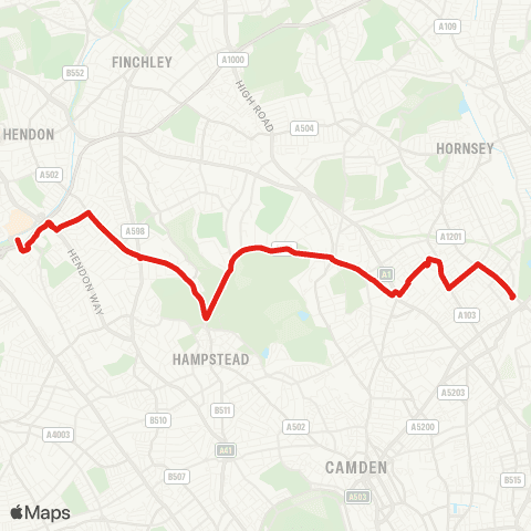 TfL Finsbury Pk - Stroud Green - Hornsey Rise - Archway - Highgate Village - Hampstead Heath - Golders Green - Woodstock - Brent Cross, Shopping Ctr map